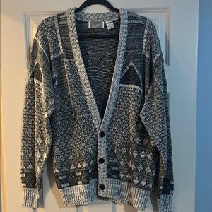 Method Vintage Navy Black and Gray Geometric 3 Button Cardigan Chunky Sweater XL